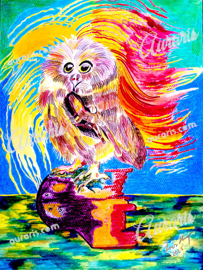 Tableau Hibou Jeune aux Couleurs Vives et Reflets Puissants Créant une Lumière Magique Entre Rêve et Nature