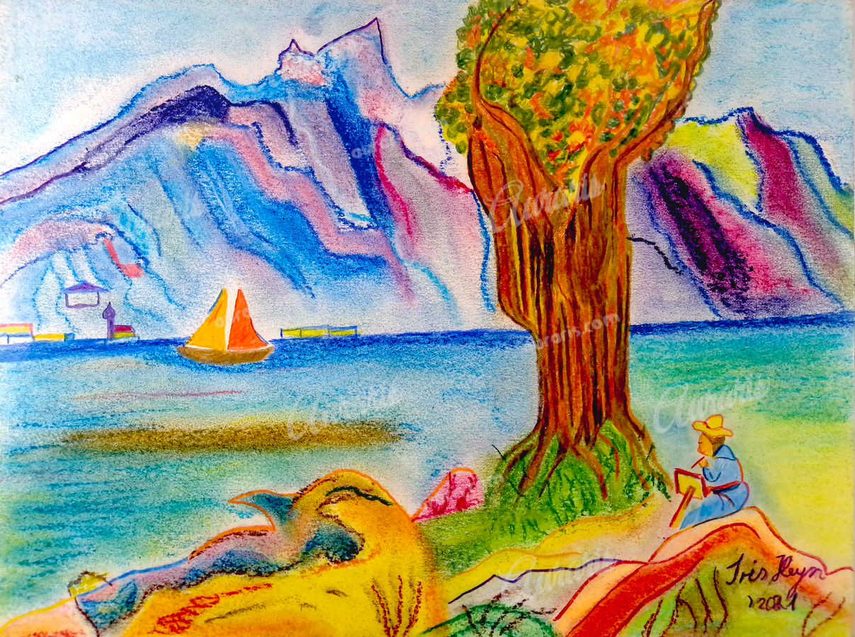 Tableau Paysage Montagne Lac Idylle Lumière Dorée Été Atmosphère Paisible Et Sérénité