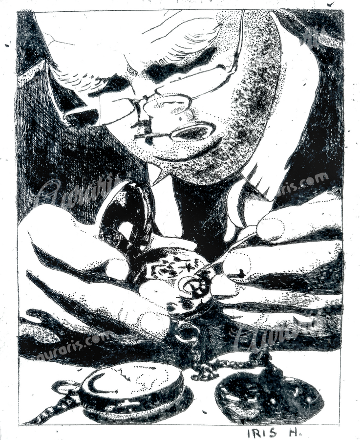 Le Horloger En Gravure Pointe Sèche Montre De Poche Détaillant Mains Outils Et Mécanique Avec Précision