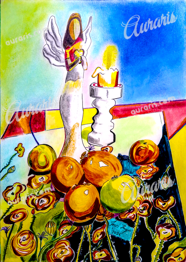 Tableau Harmonie Angélique Lumière Chaude Avec Figure D Ange Et Fruits Kaki Sous Lumière De Bougie Paisible