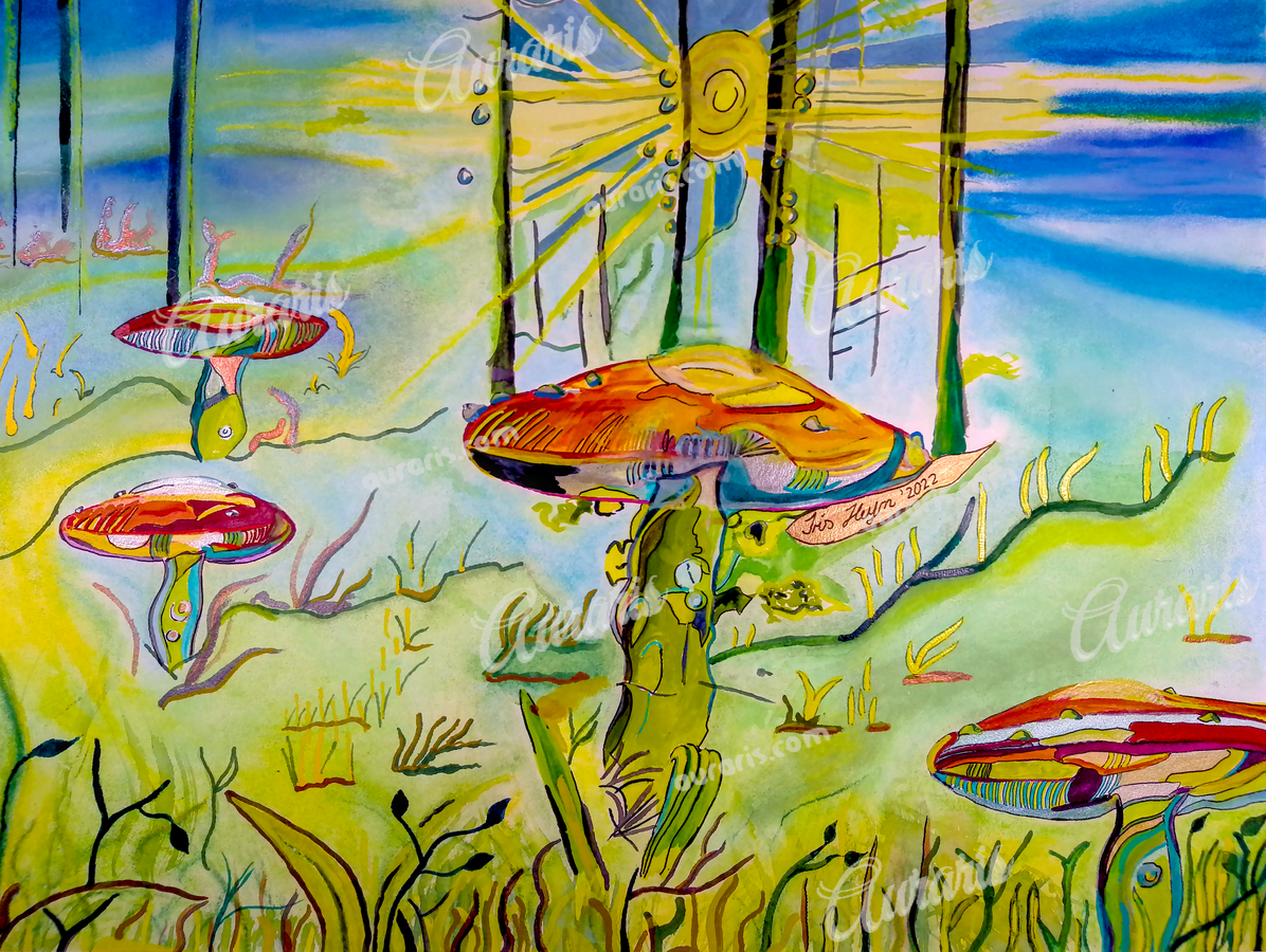 Tableau Champignons Amanites Lumineux Dans Une Forêt Enchantée Sous Lumière Dorée Et Palette De Couleurs Vives