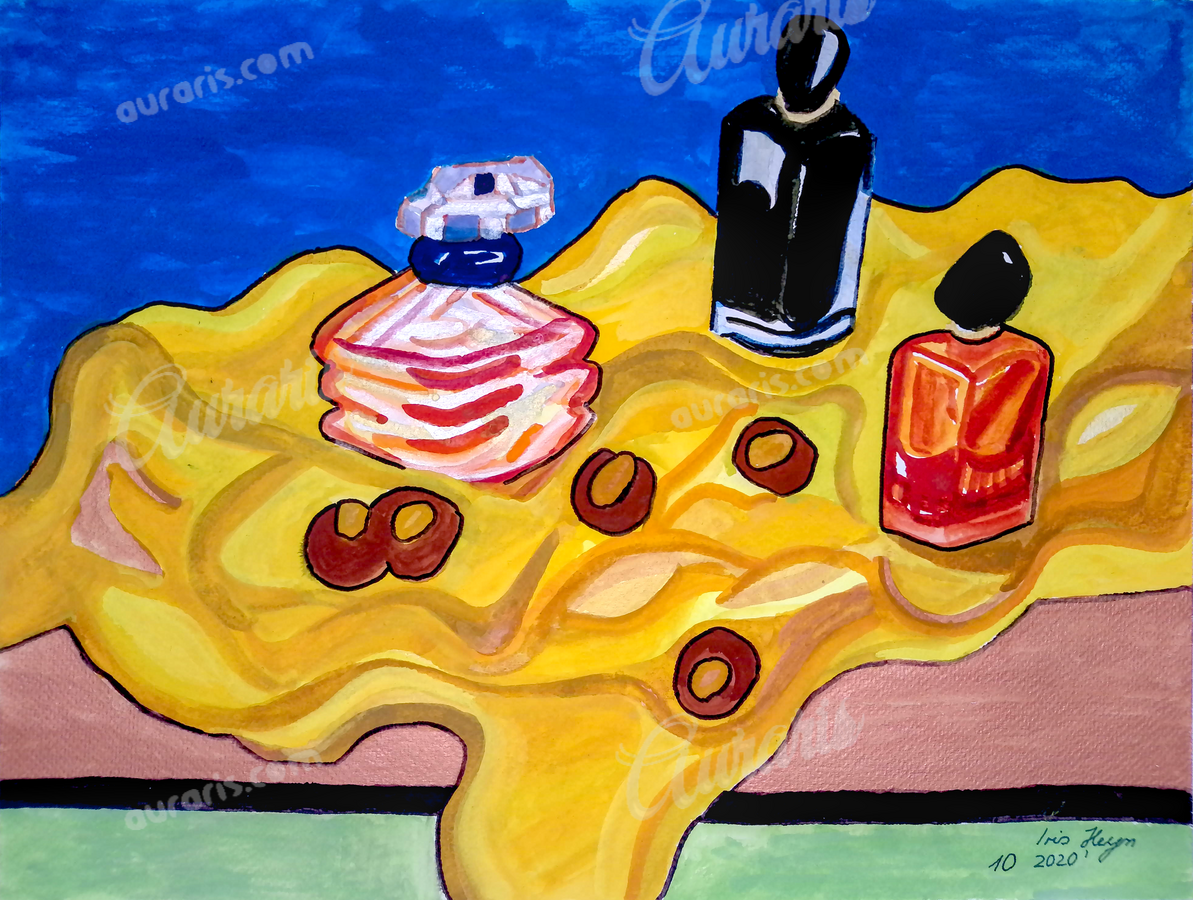 Parfum De L Élégance Tableau Lumineux Avec Flacons Or Et Tissu Doré Plein De Couleurs