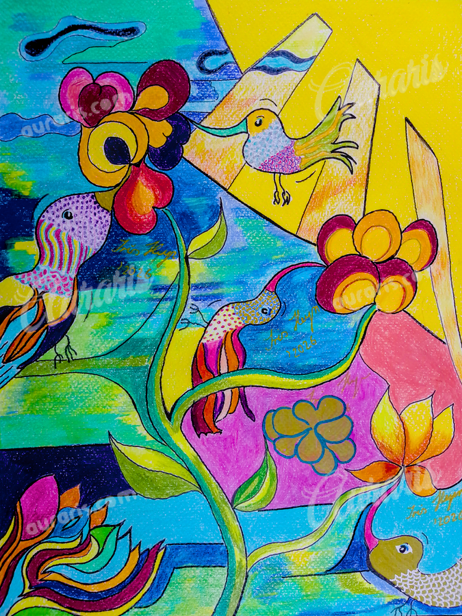 Colibris Colorés et Iris Fantaisie Motif Floral Riche en Couleurs pour Décoration Artistique