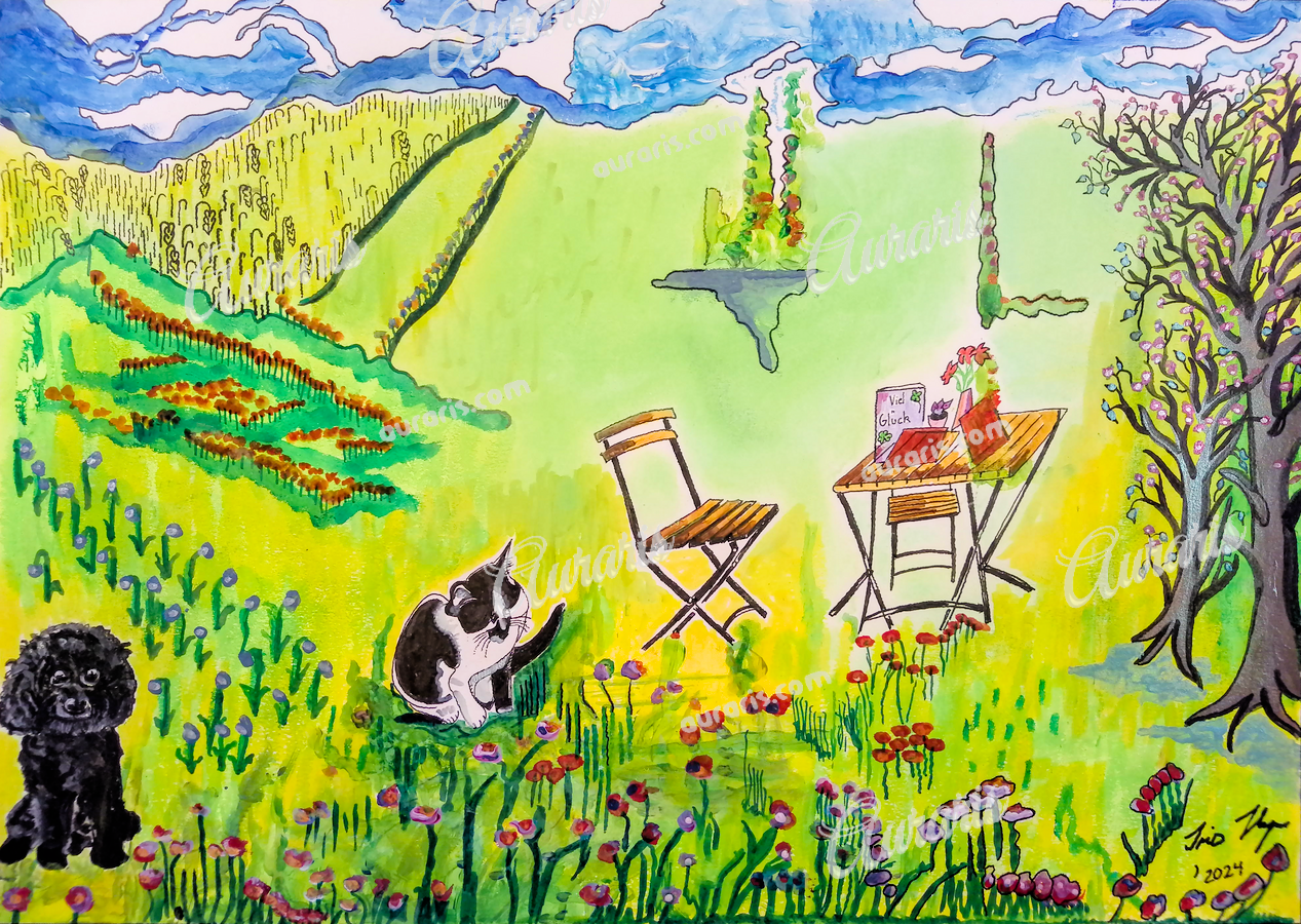 Tableau Caniche Noir Pelle Dans Le Jardin Avec Table De Jardin Et Chat Ambiance Naturelle Et Couleurs D'Été Chaleureuses