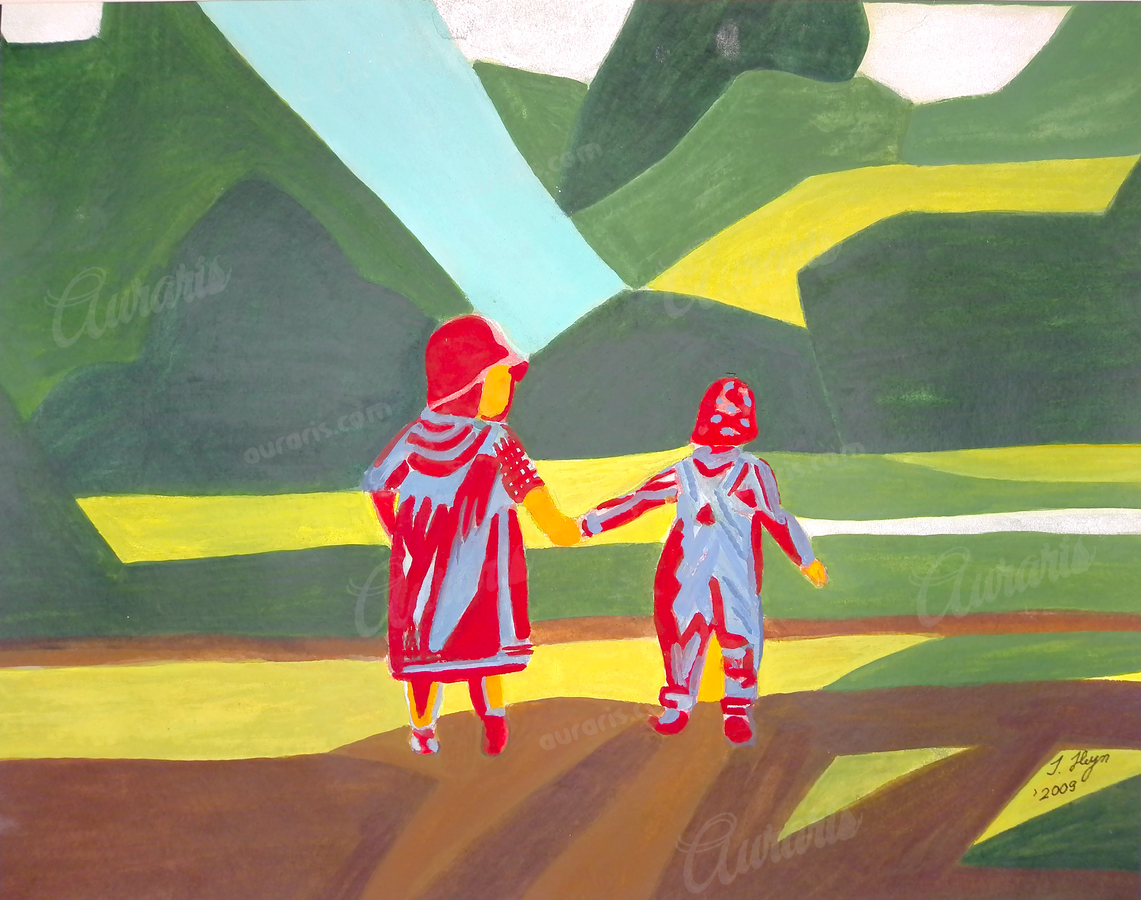 Main dans la Main Une Œuvre Visuelle aux Forts Contrastes Chromatiques et Silhouettes des Enfants Unis par Solidarité